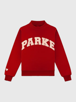 RECREATED Parke Valentine’s 2026 mockneck fleece sweatshirt in red featuring a classic varsity silhouette