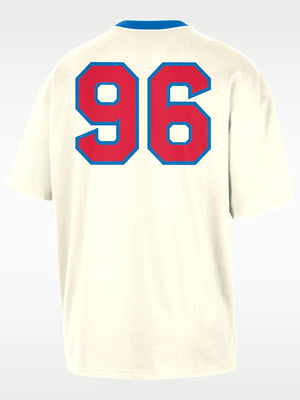 Cream unisex ringer tee with contrast trim and soft build, featuring a Nike-inspired WNBA Legends 30th Anniversary graphic in RECREATED form