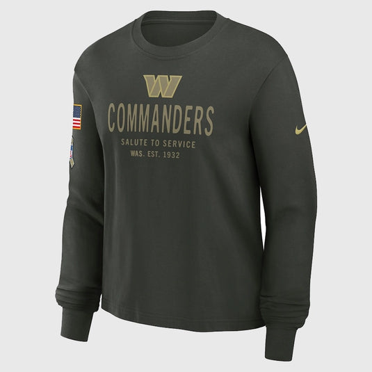 2025 Salute to Service long sleeve T-shirt in dark green with Commanders branding on front chest.