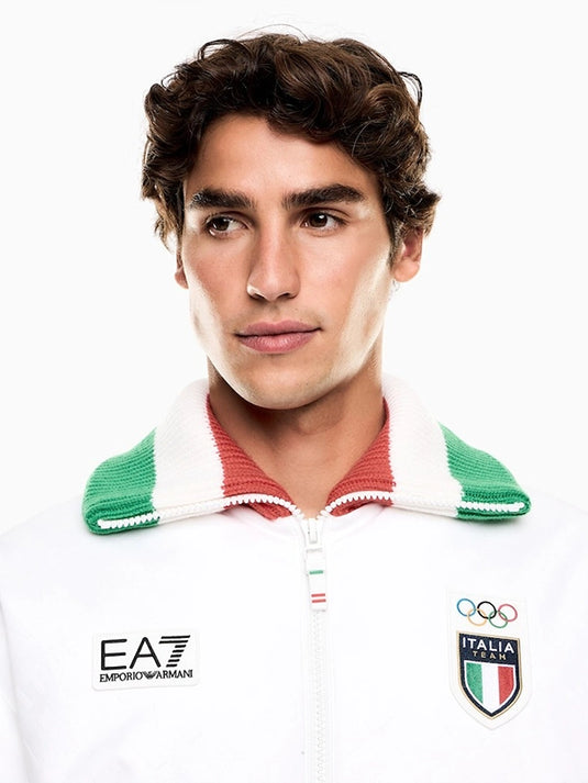 EA7 Emporio Armani white full-zip bomber jacket inspired by Team Italy winter sports with clean lines and polished finish