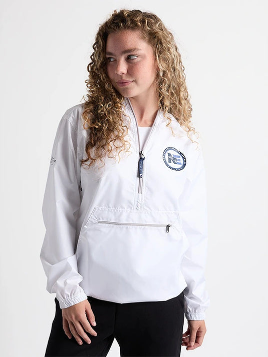 White unisex Pack-N-Go jacket designed for lightweight comfort and Charles River x Patriots 2026 detailing