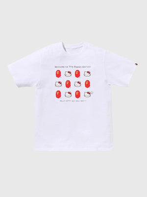 Recreated A Bathing Ape Hello Kitty 2026 graphic T-shirt in white with colorful character artwork and clean crewneck design