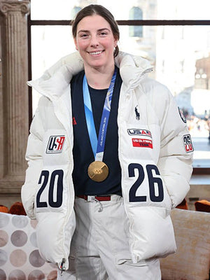 Recreated Milano Cortina 2026 Winter Olympics Closing Ceremony Hilary Knight Team USA flagbearer jacket in off-white with insulated full-zip design