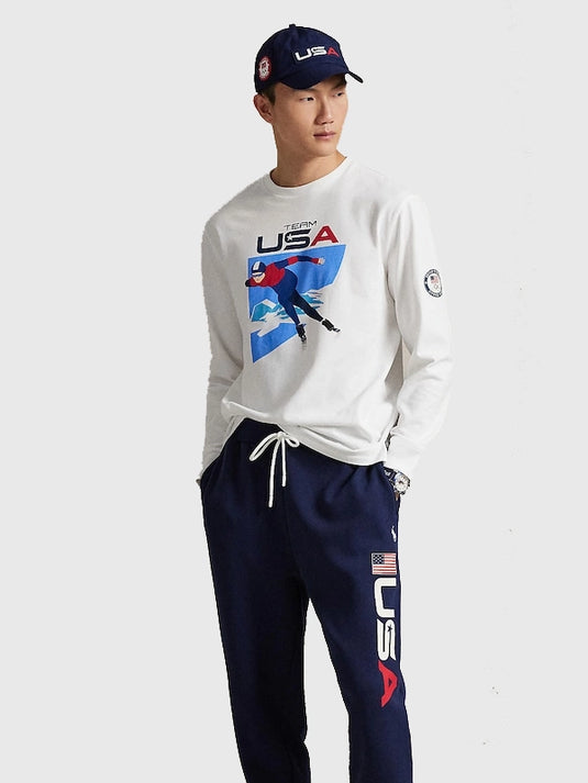 White long-sleeved graphic t-shirt linked to Milano Cortina 2026 Winter Olympics showcasing Polo Ralph Lauren’s casual sportswear style