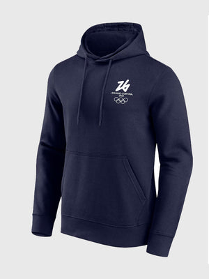 Navy hoodie showcasing front and back logo prints inspired by the Milano Cortina Winter Olympics 2026