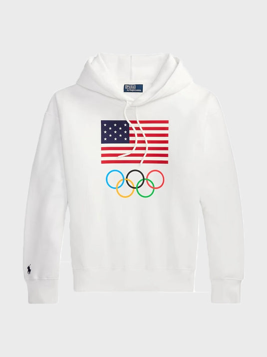 White pullover fleece hoodie featuring Team USA Olympic details from Polo Ralph Lauren Milano Cortina 2026 line