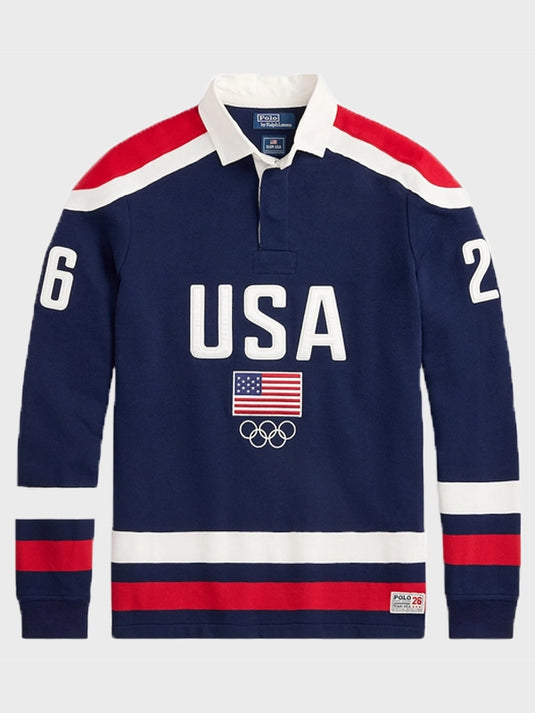 Polo Ralph Lauren navy blue rugby sweatshirt inspired by Team USA winter competition with clean lines and classic detailing
