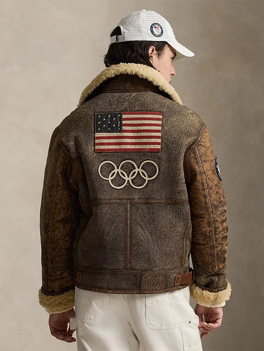 Brown leather flight jacket inspired by Polo Ralph Lauren Team USA 2026 Winter Olympics design, recreated with premium outerwear appeal