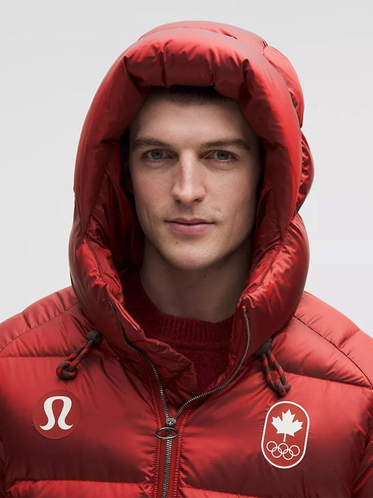 Team Canada RECREATED lululemon winter puffer jacket in bold red with hooded coverage and modern athletic appeal