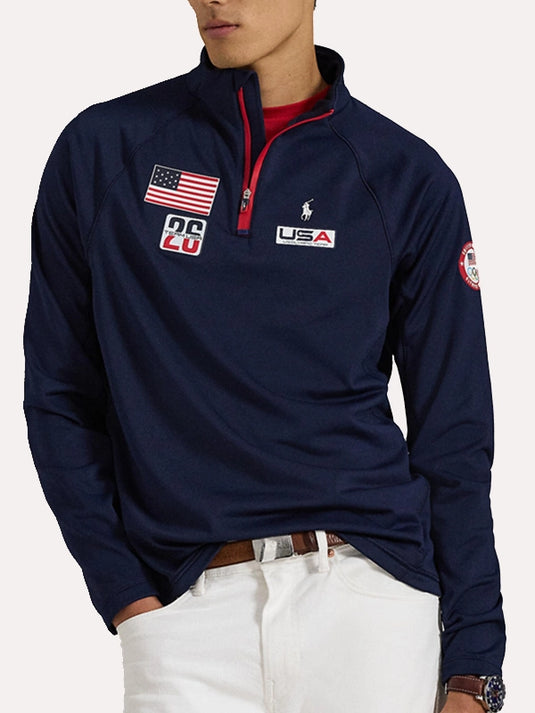 Milano Cortina 2026 Winter Olympics inspired navy fleece pullover jacket combining Team USA identity with Polo Ralph Lauren performance design