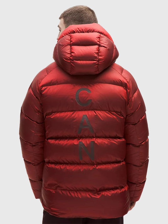 Team Canada inspired RECREATED lululemon hooded puffer jacket in red, designed for Winter Olympics 2026 cold-weather looks