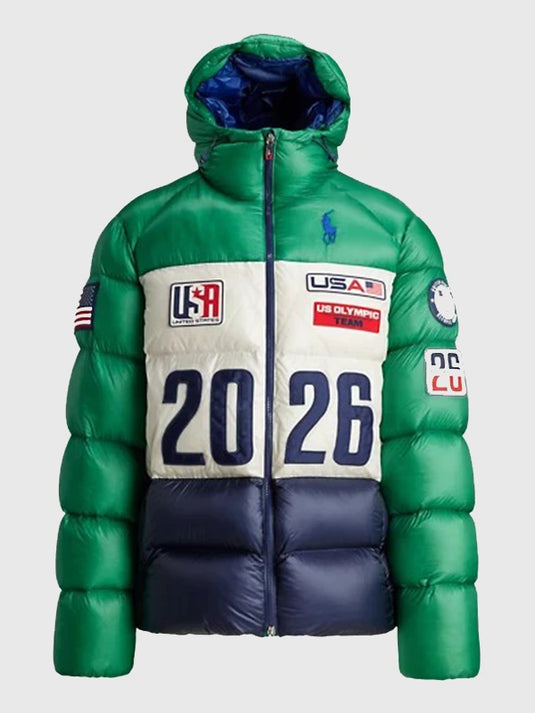 Green and white puffer jacket recreated from the Polo Ralph Lauren Team USA 2026 Winter Olympics Closing Ceremony design