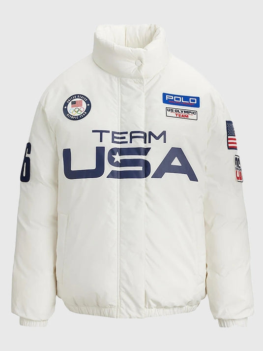 Polo Ralph Lauren Team USA white down puffer jacket with full zip closure and functional winter layering
