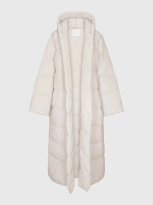 Recreated 2025 off-white Nuptse Wrap Parka Puffer Coat offering plush quilted insulation and classic wrap closure.