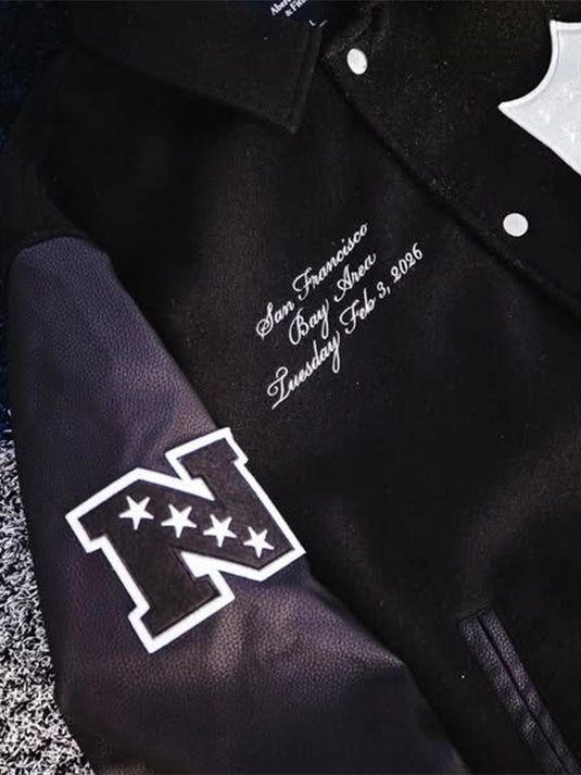Black RECREATED Abercrombie 2026 Pro Bowl Games varsity jacket combining wool construction and leather sleeves