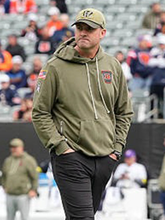 Olive fleece hoodie showcasing Cincinnati Bengals logo and subtle 2025 Salute to Service tribute elements.