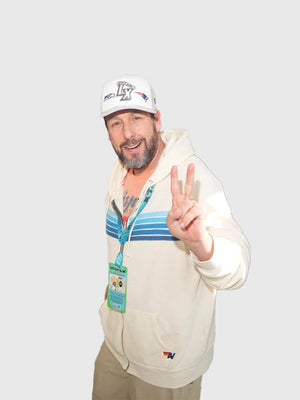 Black full‑zip Aviator Nation hoodie inspired by Super Bowl LX and Adam Sandler featuring retro 5‑stripe accents and relaxed unisex fit