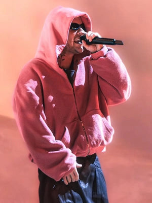 Recreated Coachella 2026 pink fur hoodie inspired by Justin Bieber with bold color and comfortable wear appeal