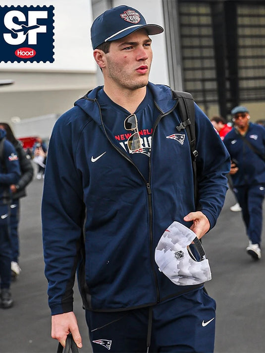 RECREATED Patriots Super Bowl LX 2026 navy zip up hoodie with warm fleece fabric and unisex design