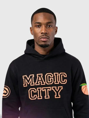Recreated Atlanta Hawks Magic City black hoodie crafted from midweight fleece with cozy lining
