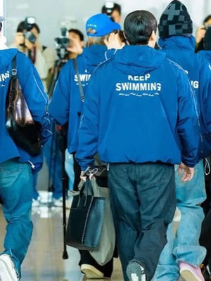 Musinsa Keep Swimming BTS jacket in blue recreated with full-zip front, soft fleece lining, and stylish casual fit