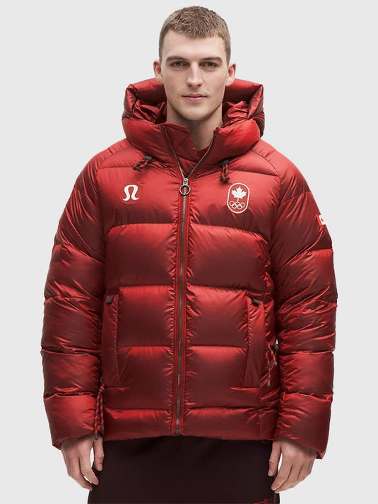 RECREATED lululemon Winter Olympics 2026 Team Canada red hooded puffer jacket with bold insulated winter styling