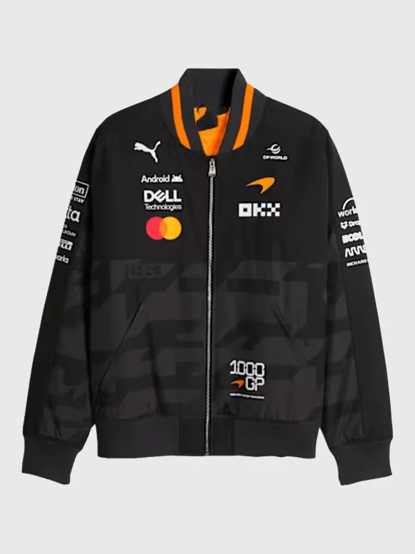 Puma McLaren 2026 1000th Grand Prix Bomber Jacket featuring motorsport-inspired graphics and smooth structured outerwear design
