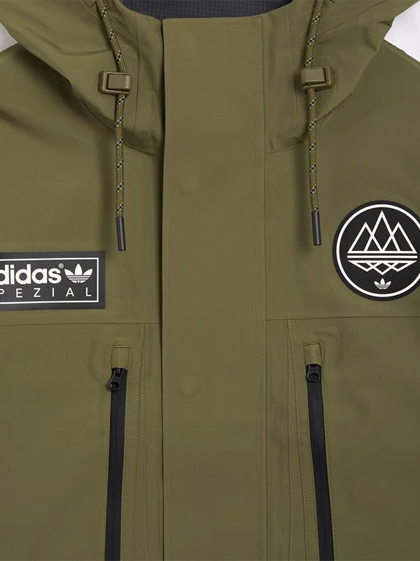 Recreation-made Adidas SPZL Sunnyhurst Anorak in olive green with hooded design and premium construction for 2025.