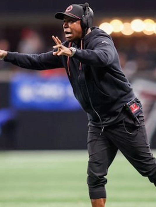 Coach Raheem Morris black fleece hoodie for 2025 Atlanta Falcons with comfortable pullover fit.