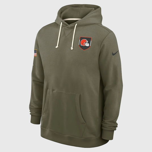 Cleveland Browns Salute to Service hoodie with olive green finish and coach-inspired styling.