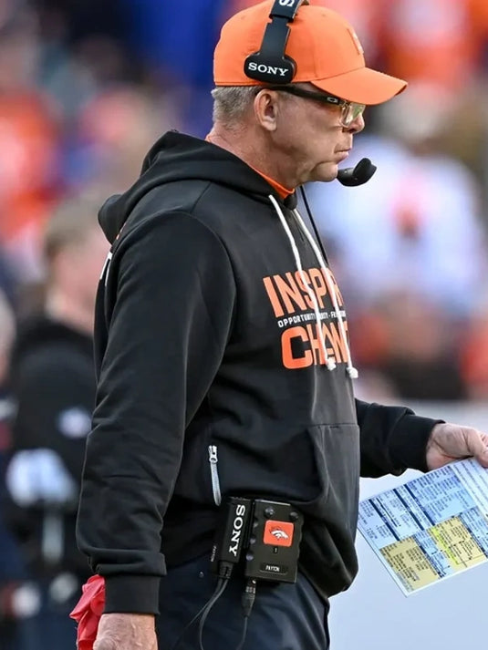 2025 Denver Broncos Inspire Change black sideline hoodie highlighting Opportunity Equity Freedom Justice text design