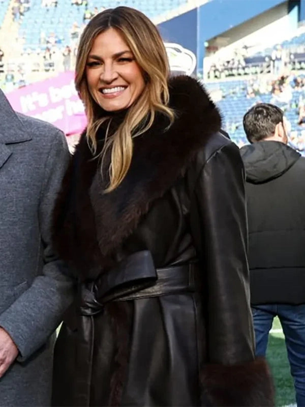 Black faux leather RECREATED Erin Andrews NFC Championship 2025 coat designed for statement outerwear wear