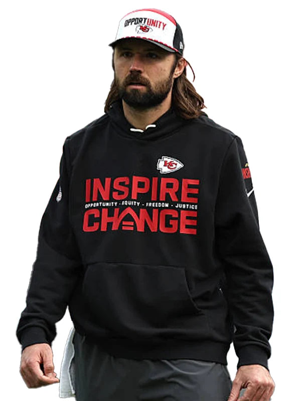 Nike Kansas City Chiefs 2025 Inspire Change hoodie in black reflecting Gardner Minshew’s sideline style