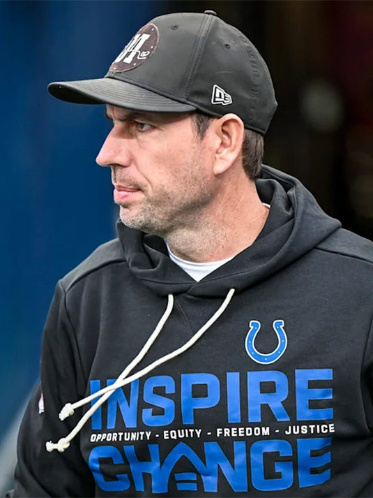 Indianapolis Colts 2025 Inspire Change black sideline hoodie highlighting Opportunity Equity Freedom Justice text design