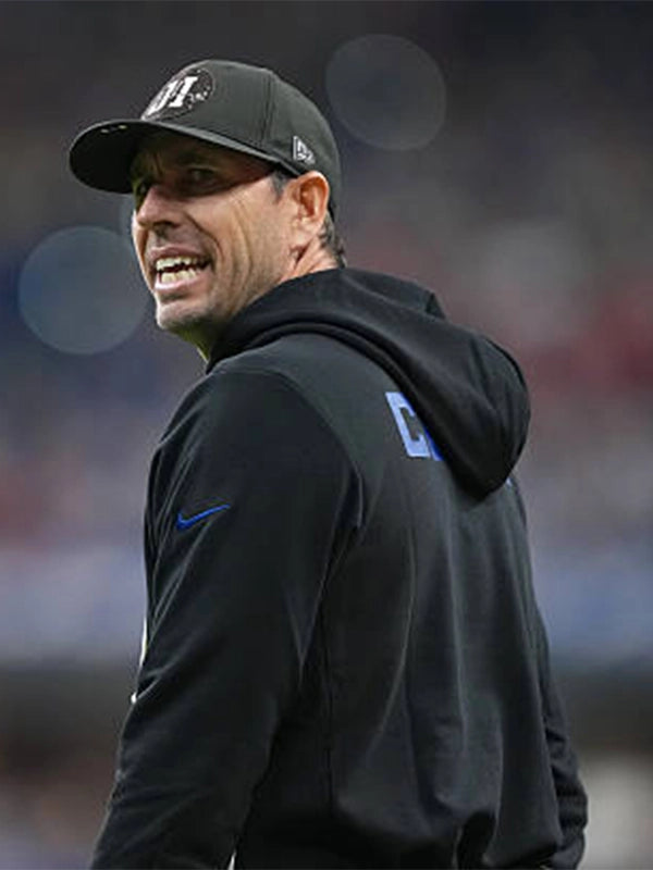 2025 Indianapolis Colts sideline hoodie in black featuring Nike Dri-FIT fabric and coach Shane Steichen styling