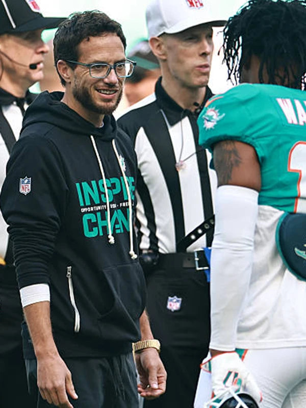 Black Nike sideline hoodie with Miami Dolphins Inspire Change Opportunity Equity Freedom Justice theme