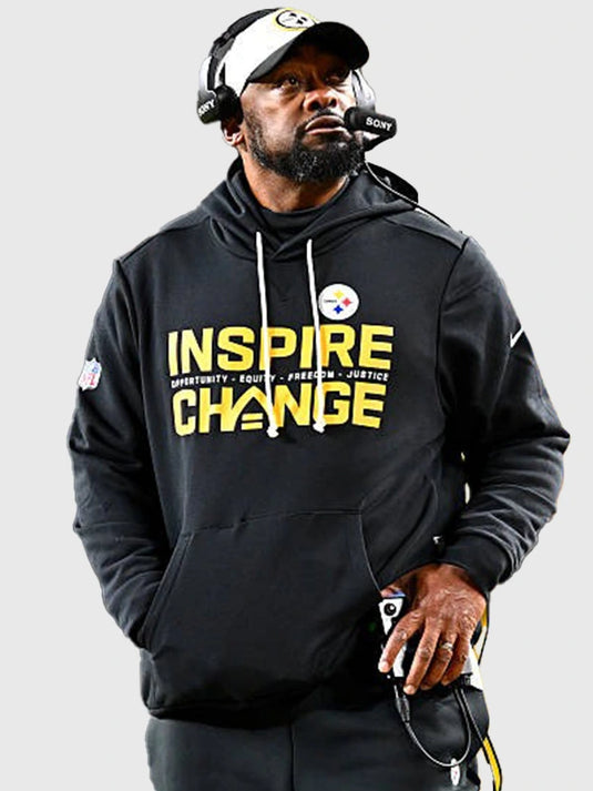 Mike Tomlin 2025 Inspire Change hoodie in black designed by Nike with modern fit and impactful text