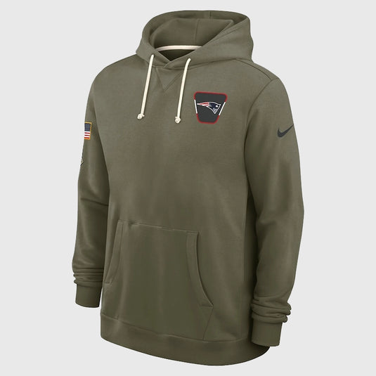 New England Patriots Nike 2025 Salute to Service hoodie in olive green crafted with soft Dri-FIT fleece fabric.