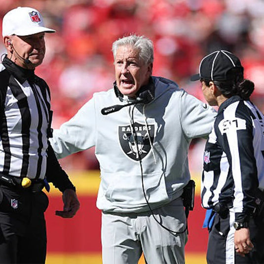 Coach Pete Carroll 2025 Raiders Sideline Pullover Hoodie in grey crafted for warmth, flexibility, and subtle team spirit.