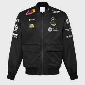 Recreated T1 2025 Worlds Uniform Bomber Jacket in black featuring sleek detailing and sporty appeal.