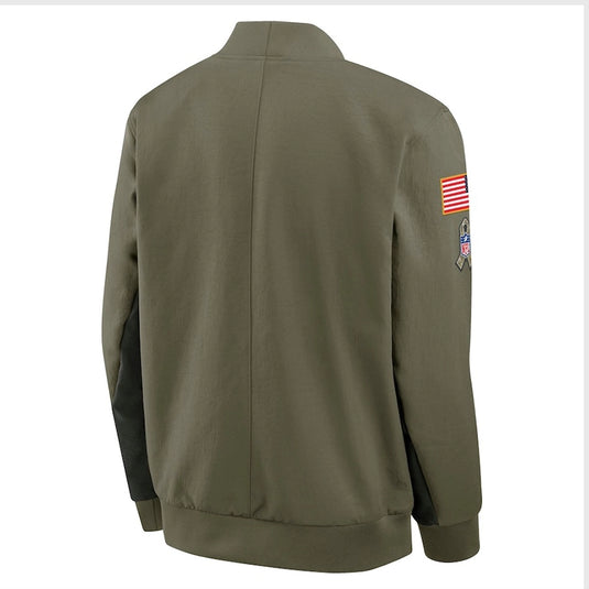 2025 Salute to Service Nike bomber jacket in olive green featuring a full-zip closure and soft lining.