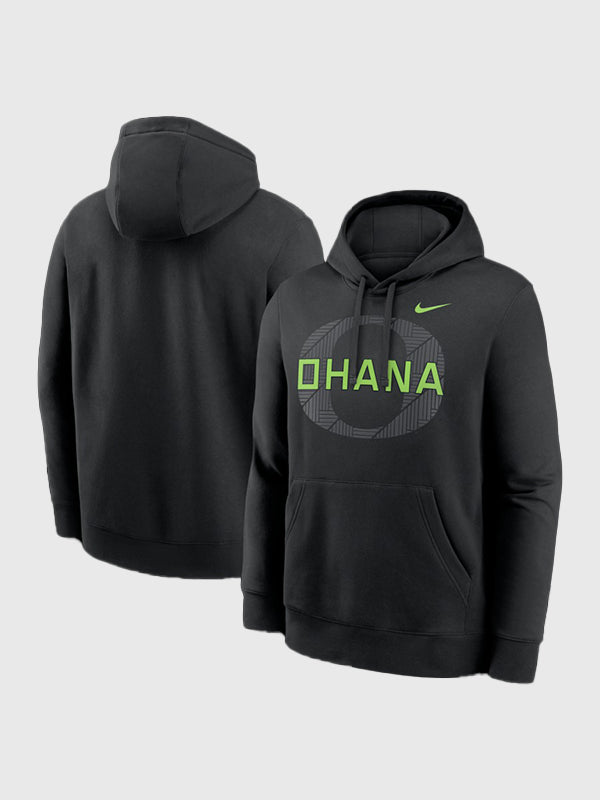 Black unisex Nike Oregon Ducks 2025 Ohana Club Fleece hoodie with soft interior and front kangaroo pocket.