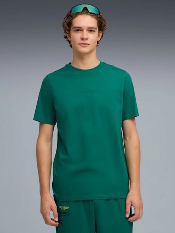 Recreated unisex green Aston Martin Aramco F1 Team T-shirt by PUMA with a modern motorsport aesthetic