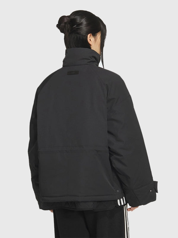 Premium oversized black padded jacket inspired by Adidas 3-Stripes design, recreated with a relaxed winter silhouette