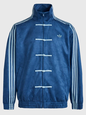 Recreated Adidas CNY 2026 Tang jacket featuring royal blue suede leather construction