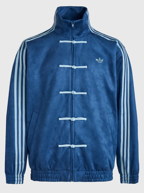 Recreated Adidas CNY 2026 Tang jacket featuring royal blue suede leather construction