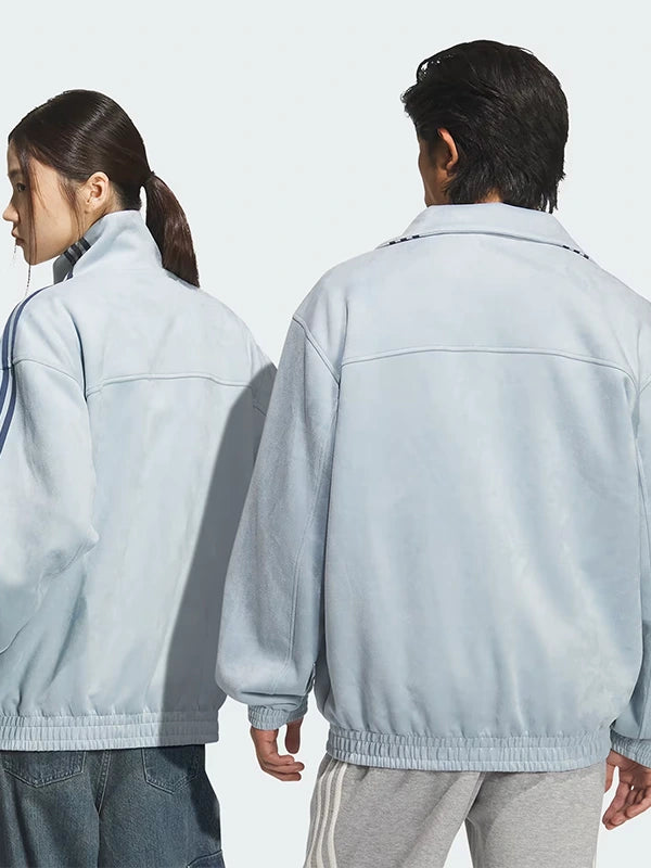 Chinese New Year themed sky blue suede leather Tang jacket with Adidas influence