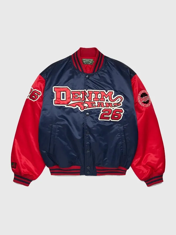Navy and red Denim Tears 2026 satin varsity jacket recreated with baseball-inspired design and smooth finish