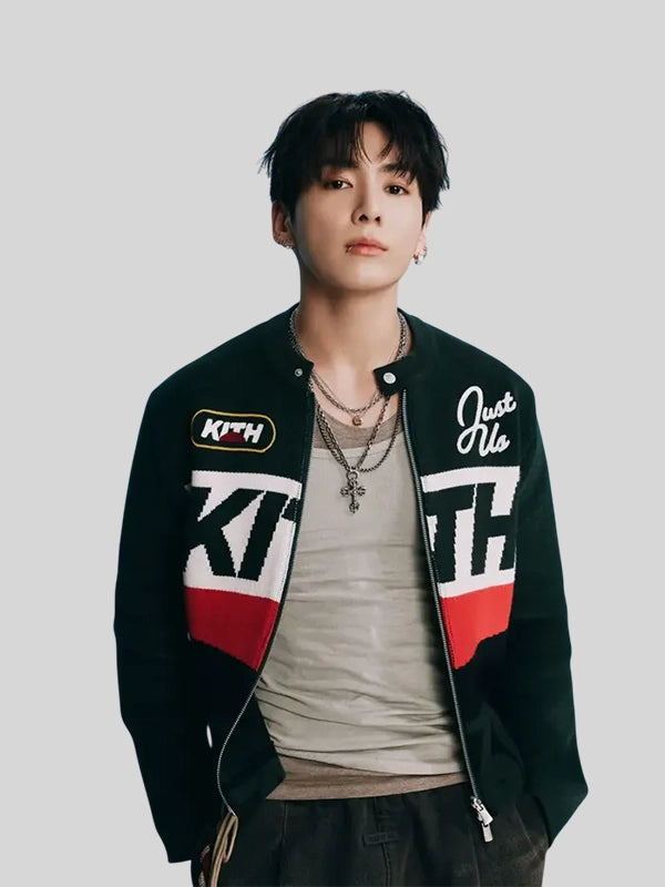 RECREATED Jeon Jungkook BTS SWIMSIDE 2026 Black Jacket by Kith showcasing a streamlined profile with bold fan-inspired aesthetics