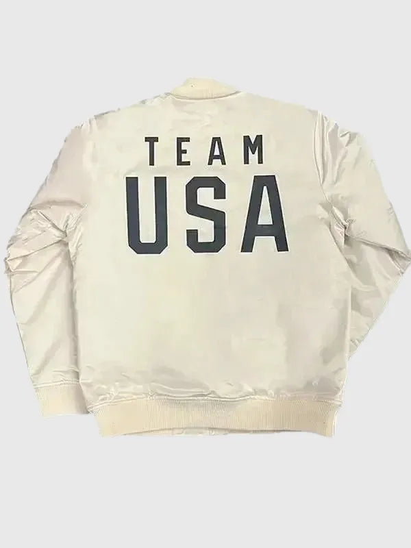Recreated Olympic 2026 Team USA bomber jacket in white satin with bold sporty aesthetic and smooth interior lining